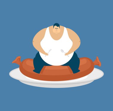 Şişman adam ve sosis. Obur kalın adam ve gıda. Şişko vektör Il