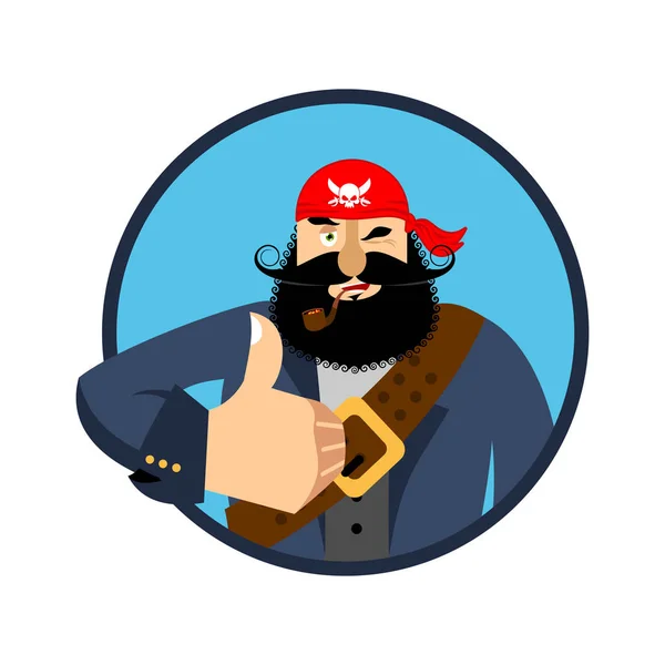 Pirat kciuk w górę. Czaszka mruga emoji. Buccaneer wesoły. Ve — Wektor stockowy