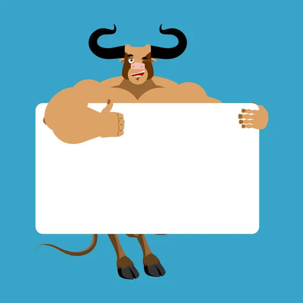 Bulle hält Banner leer. Minotaurus und weißer Rohling. Büffelfreude — Stockvektor