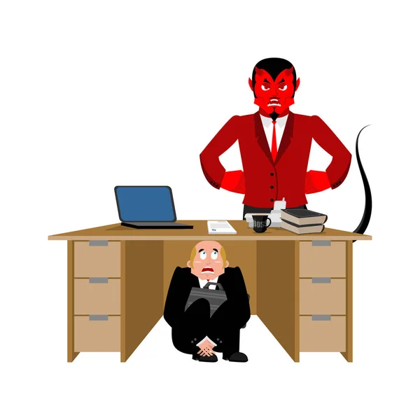 Hombre de negocios asustado bajo la mesa de satanás. hombre de negocios asustado — Archivo Imágenes Vectoriales