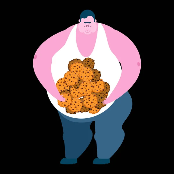 脂肪質の人およびクッキー。食いしん坊の厚い男とビスケット。太っちょベクトル — ストックベクタ