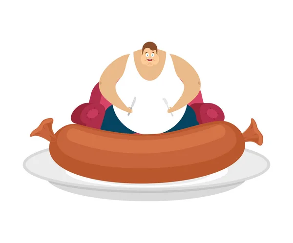 El gordo está sentado en la silla y la salchicha. Glutton Hombre grueso y f — Archivo Imágenes Vectoriales