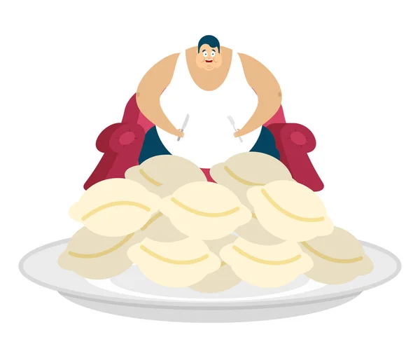 Fat guy is sitting on chair and dumplings. Glutton Thick man and — Stock Vector