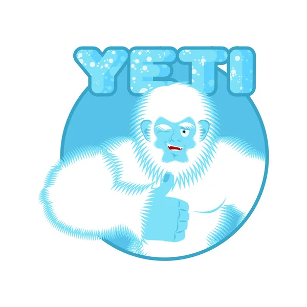 Yeti tummen upp. Bigfoot blinkningar emoji. Avskyvärda snowman glada — Stock vektor