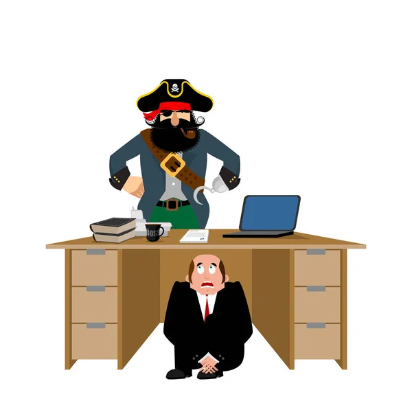 Uomo d'affari spaventato sotto il tavolo dei pirati. Per nascondersi dalla rapina . — Vettoriale Stock