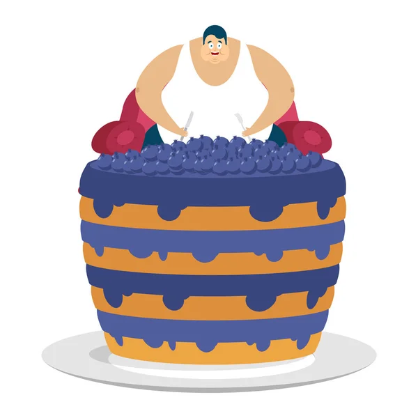 O gordo está sentado na cadeira e no bolo de mirtilo. Glutton Thick ma —  Vetores de Stock