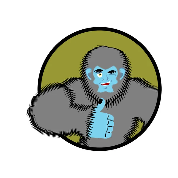 Bigfoot duimen omhoog. Yeti knipoogt emoji. Abominable snowman vrolijk — Stockvector