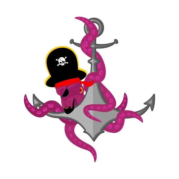 Pirate Octopus και άγκυρα. κωλυσιεργία devilfish και πλοίο armatur — Διανυσματικό Αρχείο