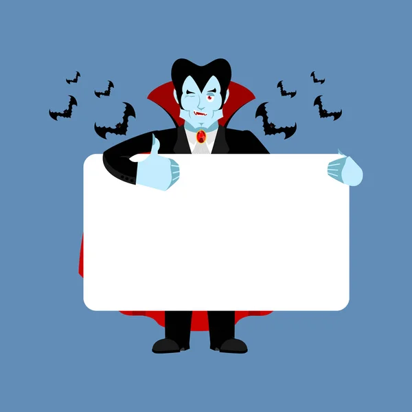 Dracula pitää lippua tyhjänä. Vampyyri ja valkoinen tyhjä. ilonpilaaja — vektorikuva