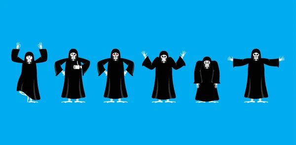 Grim reaper set poses et mouvement. la mort heureuse et l’yoga. squelette — Image vectorielle