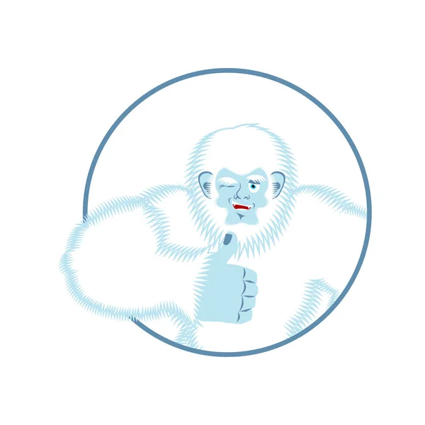 Yeti duimen omhoog. Bigfoot knipoogt emoji. Abominable snowman vrolijk — Stockvector