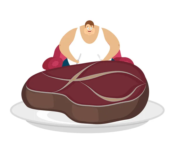 椅子とステーキの脂肪質の人は座っています。食いしん坊の厚い男とパイ — ストックベクタ