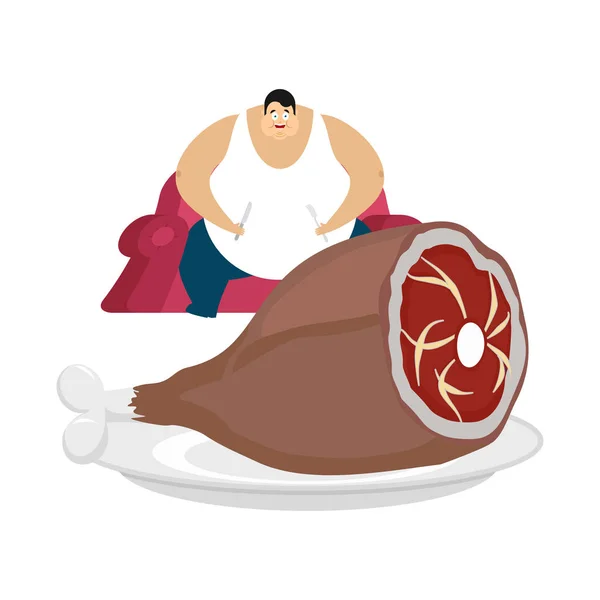 Gros gars est assis sur la chaise et le porc. La viande et les épais homme glouton — Image vectorielle