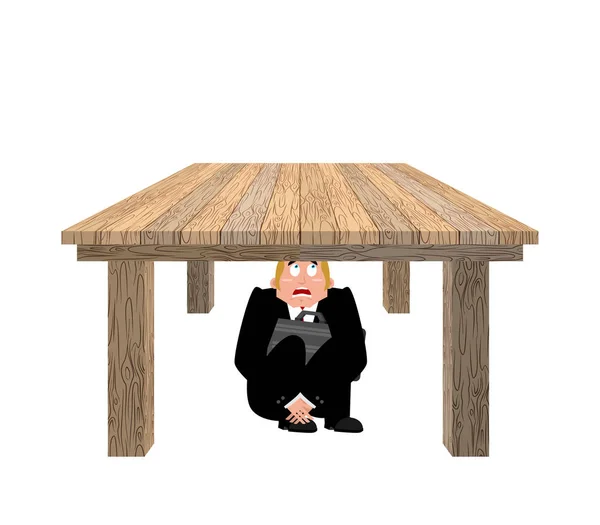 Επιχειρηματίας φοβάται κάτω από το τραπέζι. φοβισμένη επιχείρηση άνθρωπος υπό wo — Διανυσματικό Αρχείο