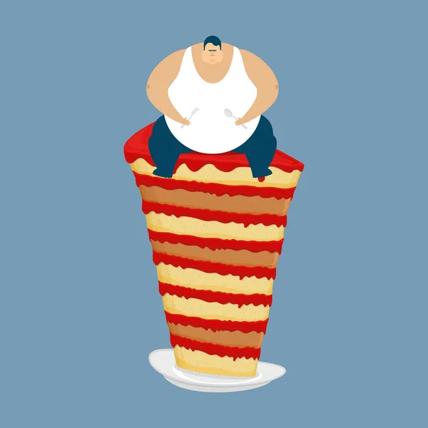 El gordo y el pastel. Glutton Hombre grueso y pastel. grasa vector illust — Archivo Imágenes Vectoriales
