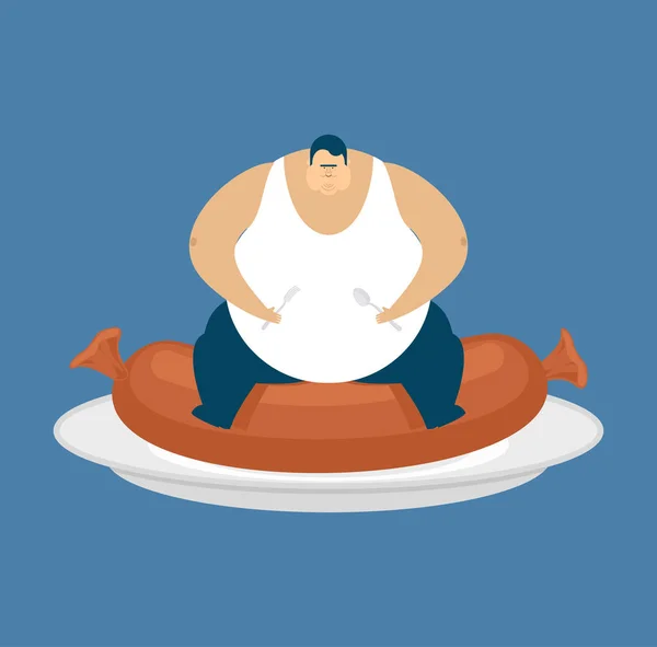 Gordo y salchicha. Glotón Hombre grueso y comida. vector de grasa il — Archivo Imágenes Vectoriales