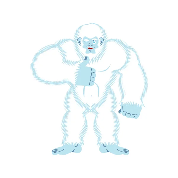 Yeti polegar para cima. Bigfoot pisca emoji. Abominável boneco de neve alegre —  Vetores de Stock