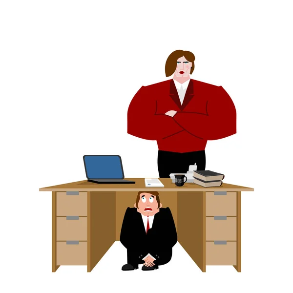 Businessman scared under table of wife. frightened business man — Stock Vector