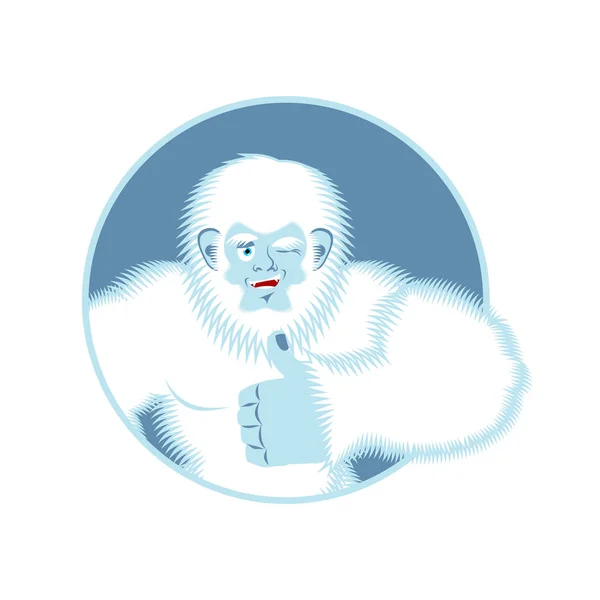 Yeti polegar para cima. Bigfoot pisca emoji. Abominável boneco de neve alegre —  Vetores de Stock