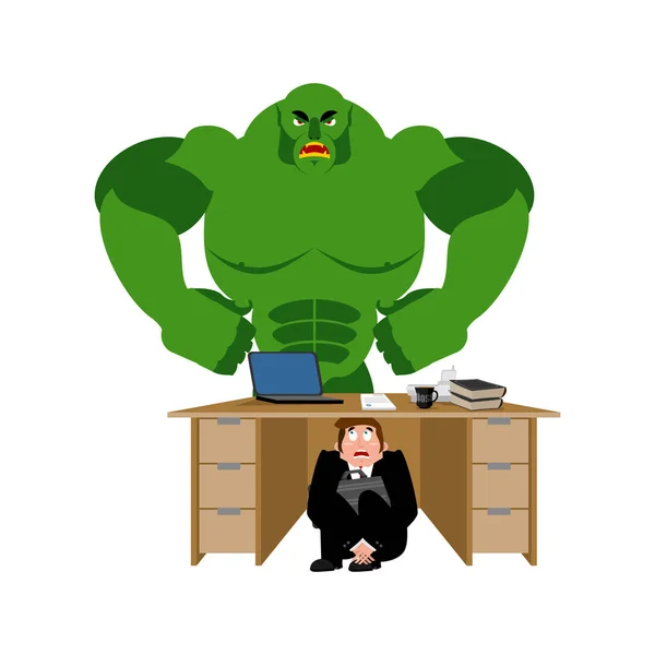 Zakenman bang onder tafel van groene monster. Vector illustra — Stockvector