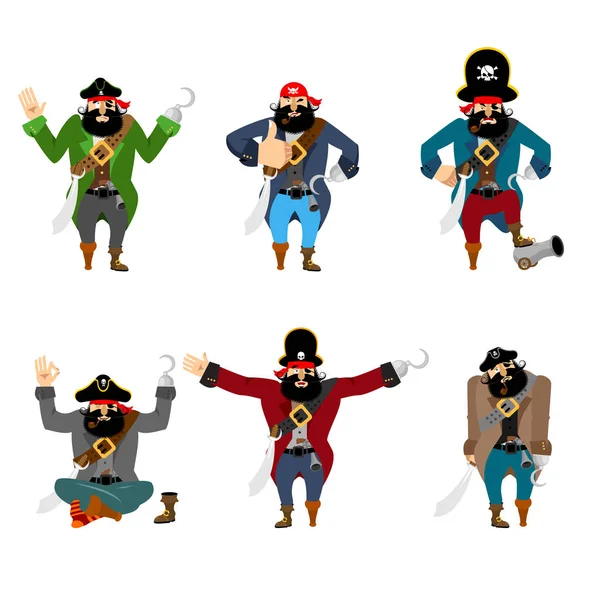 Conjunto de piratas poses e movimento. Filibuster feliz e ioga. bengala —  Vetores de Stock