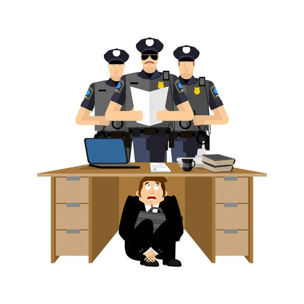 Бізнесмен наляканий під столом поліцейських. переляканий бізнес — стоковий вектор
