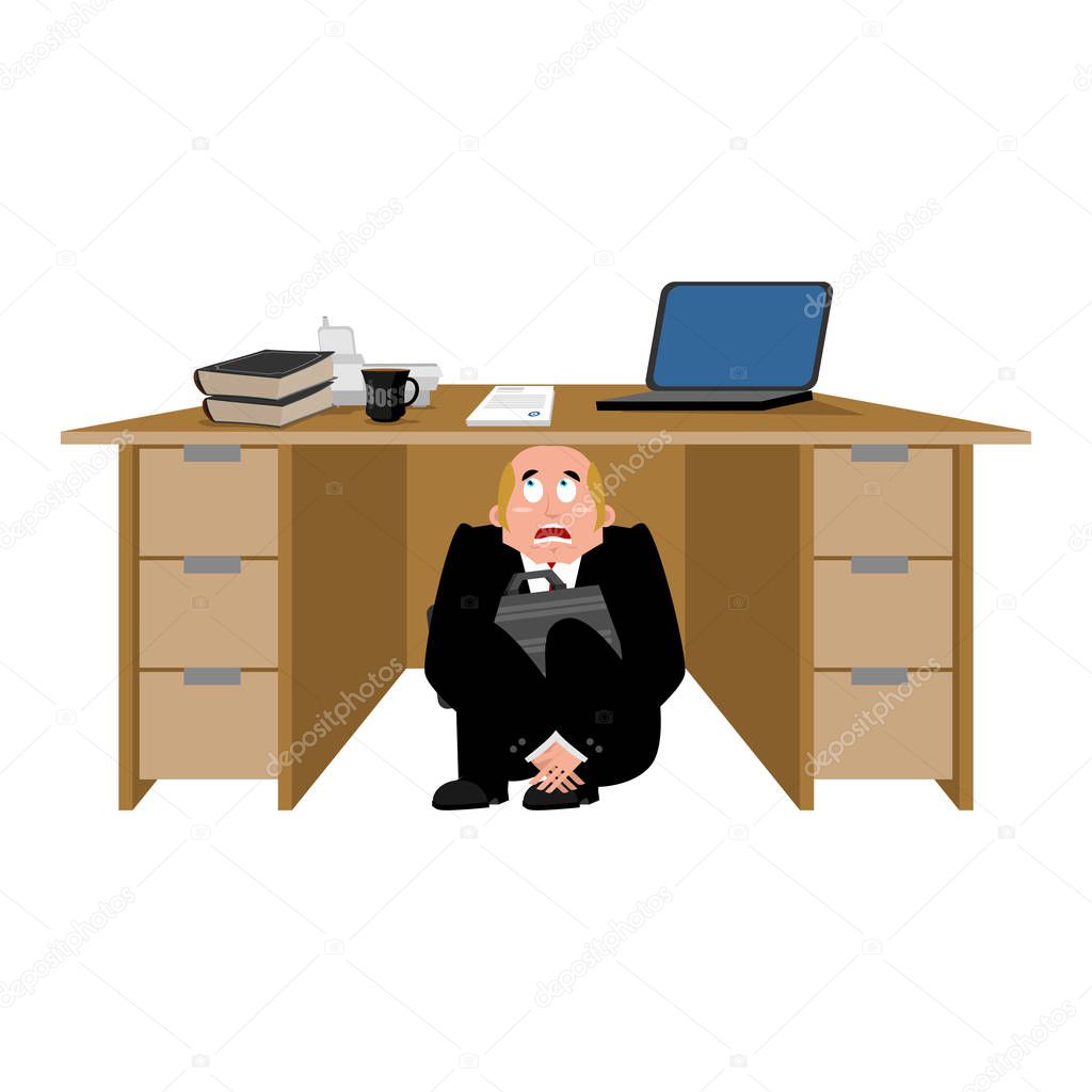 Businessman scared under table. frightened business man under wo
