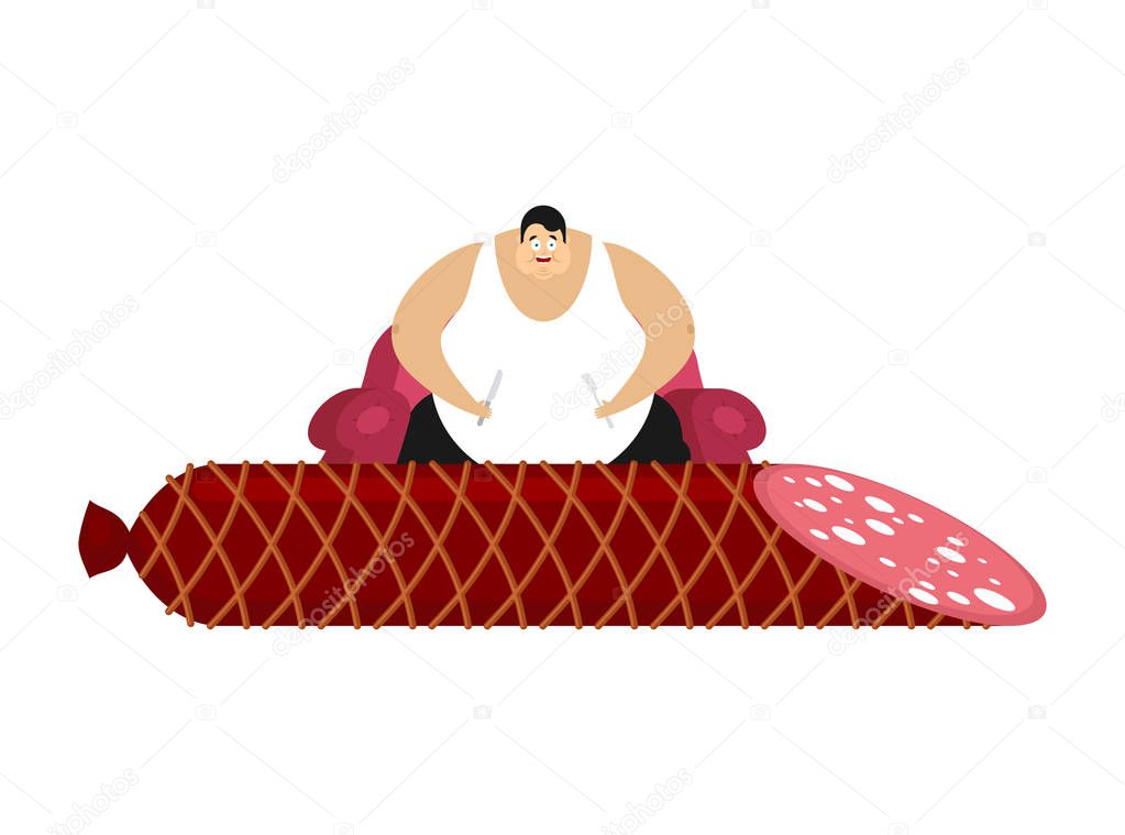Fat guy is sitting on chair and salami. Glutton Thick man and sa