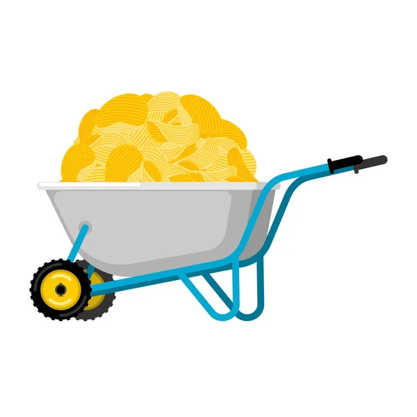 Wheelbarrow and potato chips. Fastfood fried potatoes in garden — Stock Vector