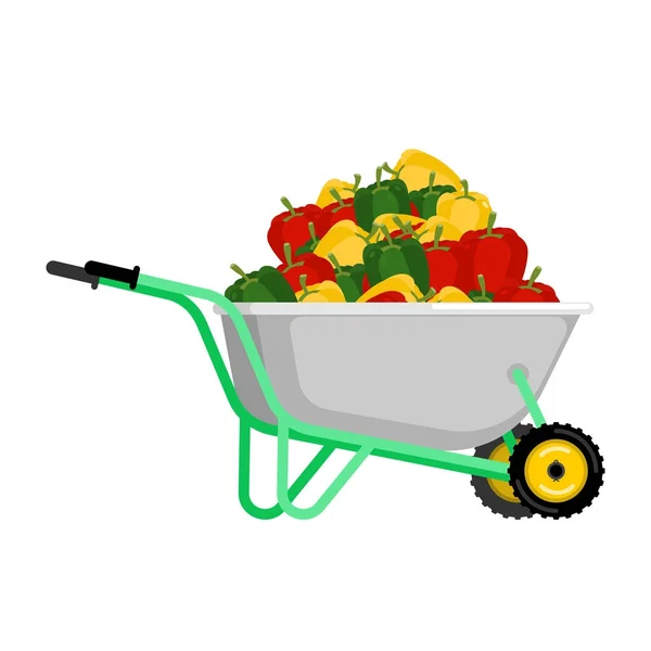 Wheelbarrow and pepper. vegetables in garden trolley. big harves — Stock Vector