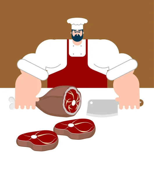 肉屋。シェフと肉用のナイフ。ステーキハウスの料理人。ベクトル illus — ストックベクタ