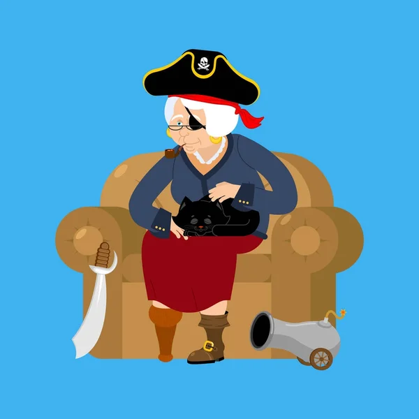 Grootmoeder piraat. Oude buccaneer en kat. oma op stoel. SAB — Stockvector