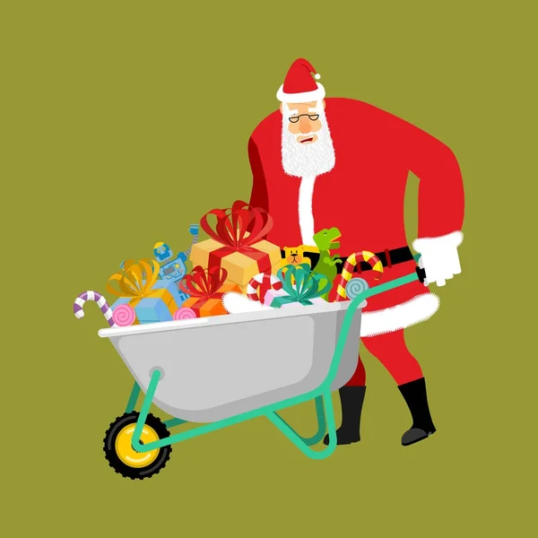Papai Noel carrinho de mão e presentes. Carrinho de terra de Natal. Christm... — Vetor de Stock