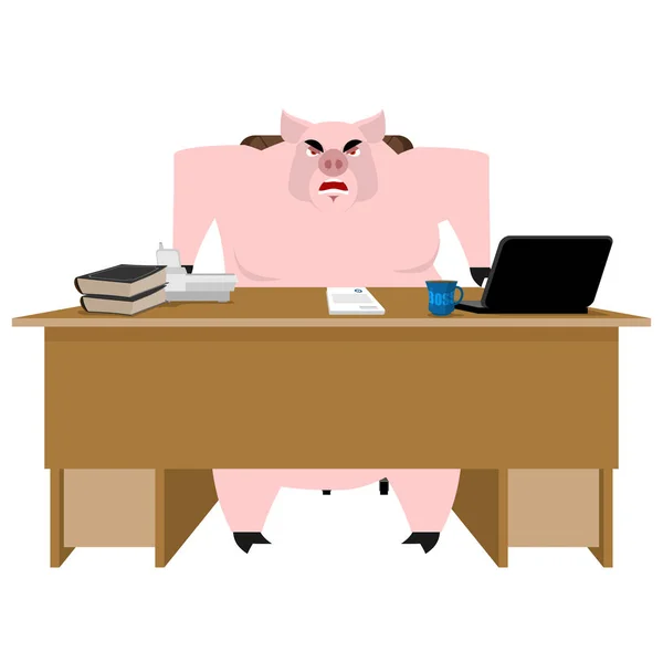 Jefe cerdo. Un hombre de negocios cerdito en el escritorio. Oficina de granja. Ilustración vectorial — Archivo Imágenes Vectoriales