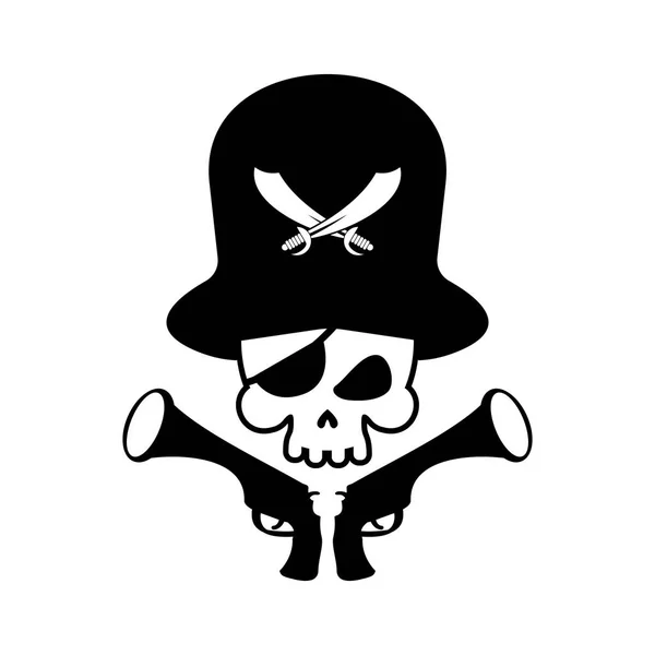 Logo del cráneo pirata. cabeza de esqueleto y arma. símbolo pirata. Vect. — Vector de stock