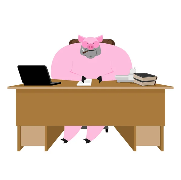 Jefe cerdo. Un hombre de negocios cerdito en el escritorio. Oficina de granja. Ilustración vectorial — Archivo Imágenes Vectoriales