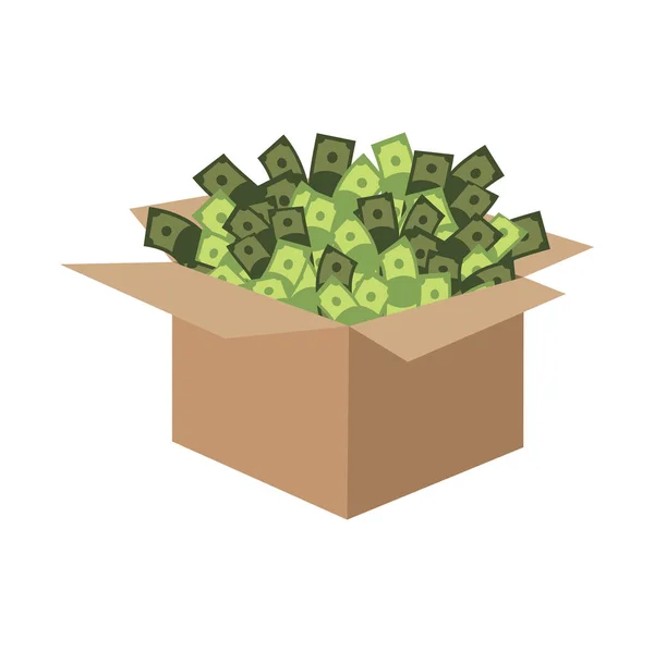 Коробка с деньгами. Картонная коробка и наличные. Векторная иллюстрация — стоковый вектор