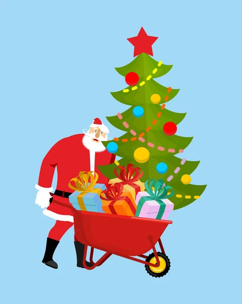 Santa Claus Wheelbarrow and gifts. Xmas grounds trolley. Christm — Stock Vector