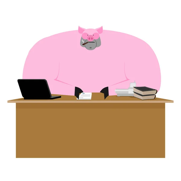 Jefe cerdo. Un hombre de negocios cerdito en el escritorio. Oficina de granja. Ilustración vectorial — Archivo Imágenes Vectoriales