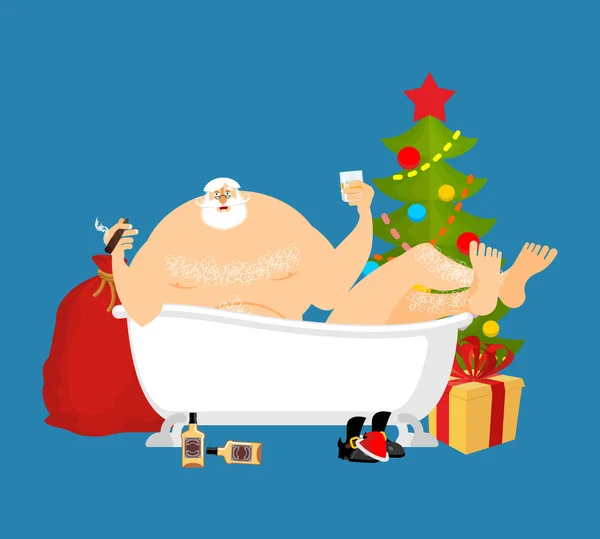 Papai Noel relaxa no banho. Ano Novo e illus vetor de Natal —  Vetores de Stock