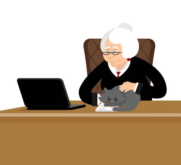 Vieja empresaria. Abuela de negocios. Portátil y gato. Caso y — Vector de stock