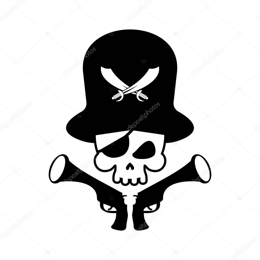 Pirate skull logo. head of skeleton and gun. pirate symbol. Vector illustratio