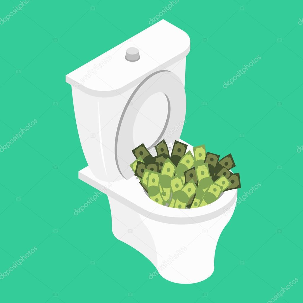 Money in toilet.. Wash off cash in wc. Vector illustration