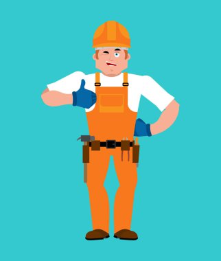 Oluşturucu başparmak yukarıya. İşçi koruyucu kask içinde emoji kırpmak. Serv