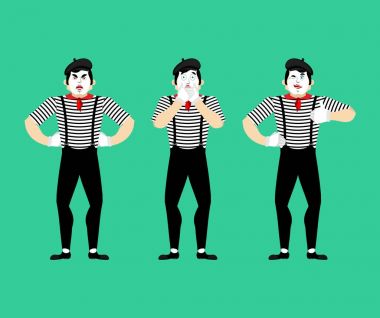 MIME küme. Pandomim şaşkın ve öfkeli. Göz kırpmalar ve başparmak taklit 