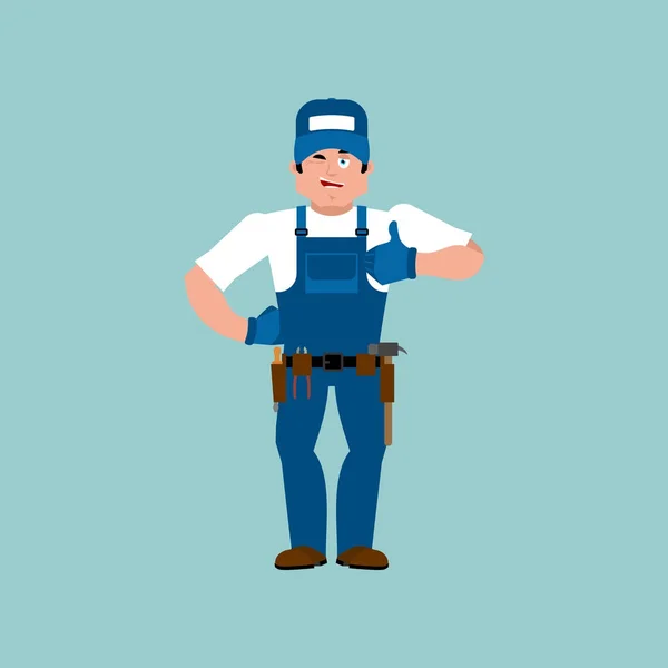 Pulgares de fontanero arriba. Fitter guiña emojis. Trabajador de servicio — Vector de stock