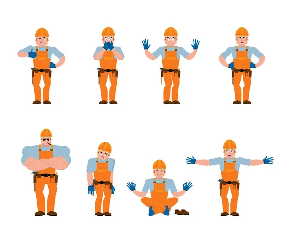 Constructor establece poses y movimiento. Trabajador en casco protector feliz — Vector de stock