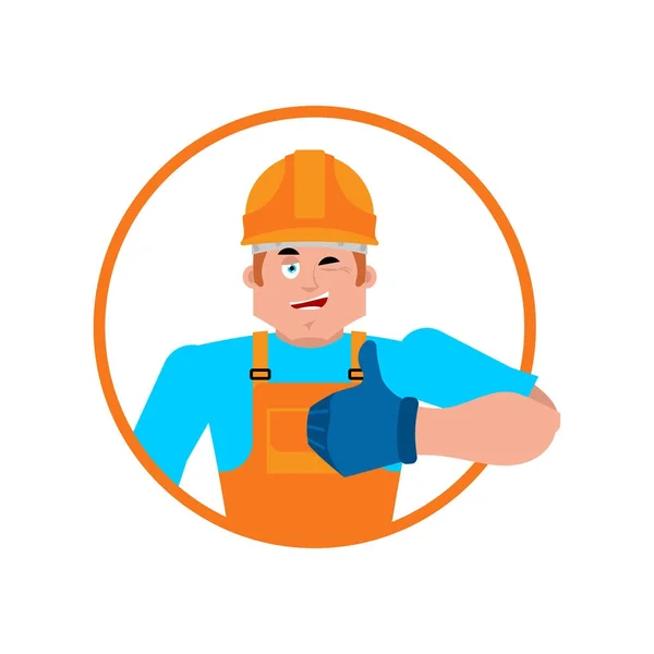 Constructor pulgares hacia arriba. Trabajador en casco protector guiña emoji. Serv. — Vector de stock