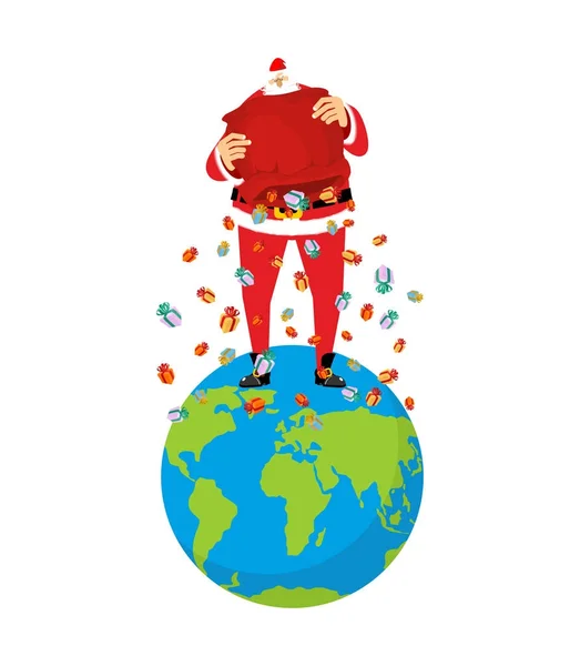 Santa Claus en la Tierra. Navidad en el planeta. Bolso rojo grande y muchos — Vector de stock