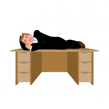 Businessman sleeping under table. Boss asleep. Office life. Vect